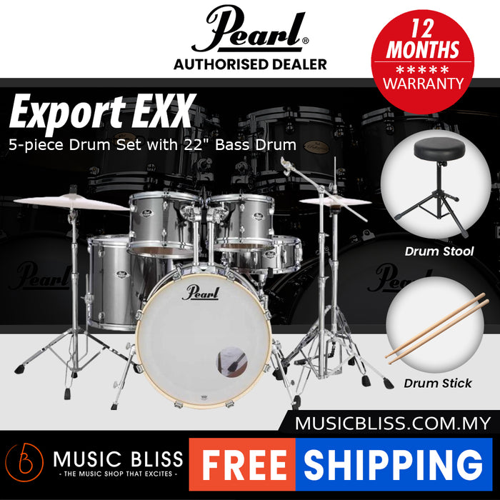 Pearl Export EXX 5-Piece Drum Set with Hardware, Drumstick and Throne - 22 Inch Bass Drum - Smokey Chrome