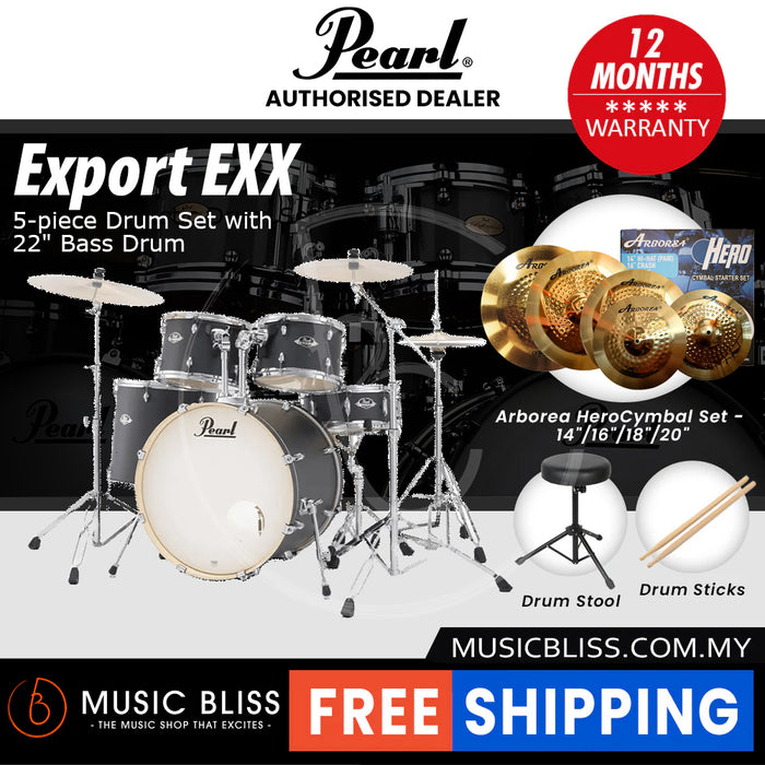 Pearl Export EXX 5-Piece Drum Set with Hardware, Drumstick and Throne - 22 Inch Bass Drum - Graphite Slate