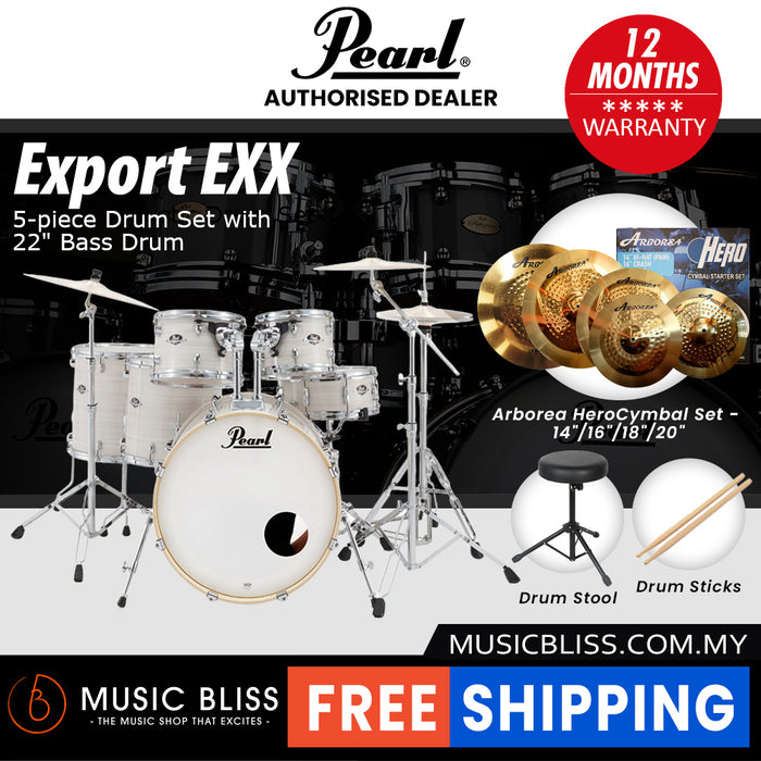 Pearl Export EXX 5-Piece Drum Set with Hardware, Drumstick and Throne - 22 Inch Bass Drum - Slipstream White