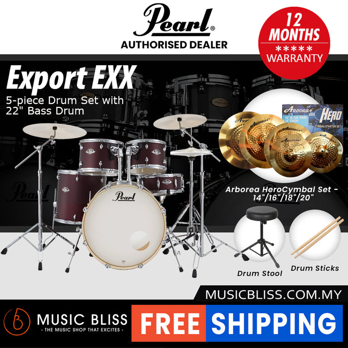 Pearl Export EXX 5-Piece Drum Set with Hardware, Drumstick and Throne - 22 Inch Bass Drum - Satin Scarlet
