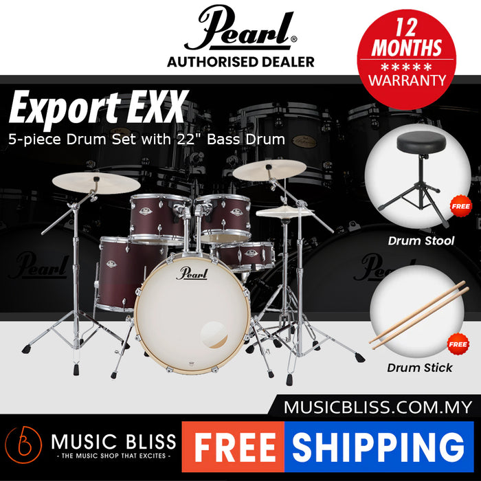 Pearl Export EXX 5-Piece Drum Set with Hardware, Drumstick and Throne - 22 Inch Bass Drum - Satin Scarlet