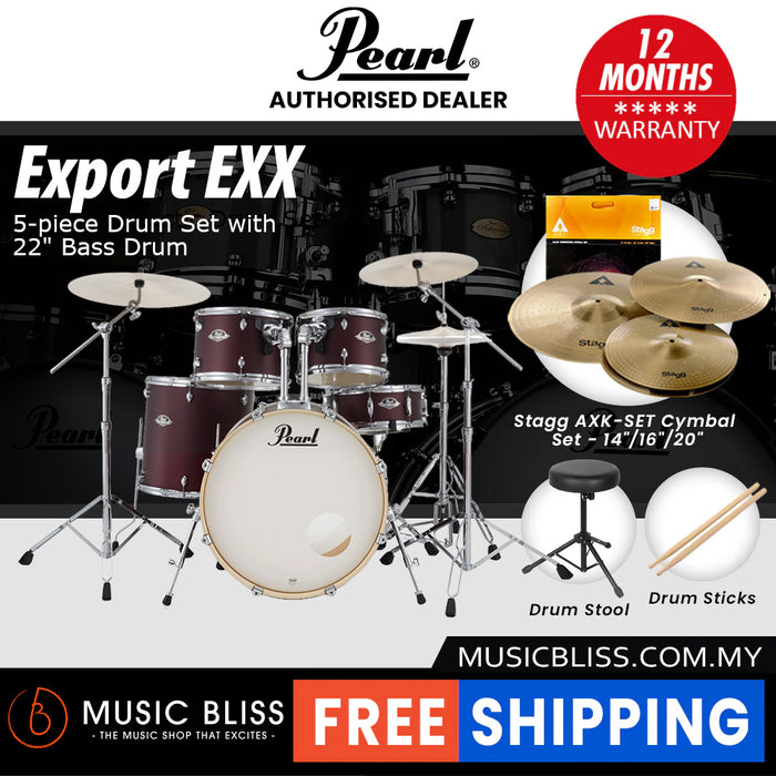 Pearl Export EXX 5-Piece Drum Set with Hardware, Drumstick and Throne - 22 Inch Bass Drum - Satin Scarlet