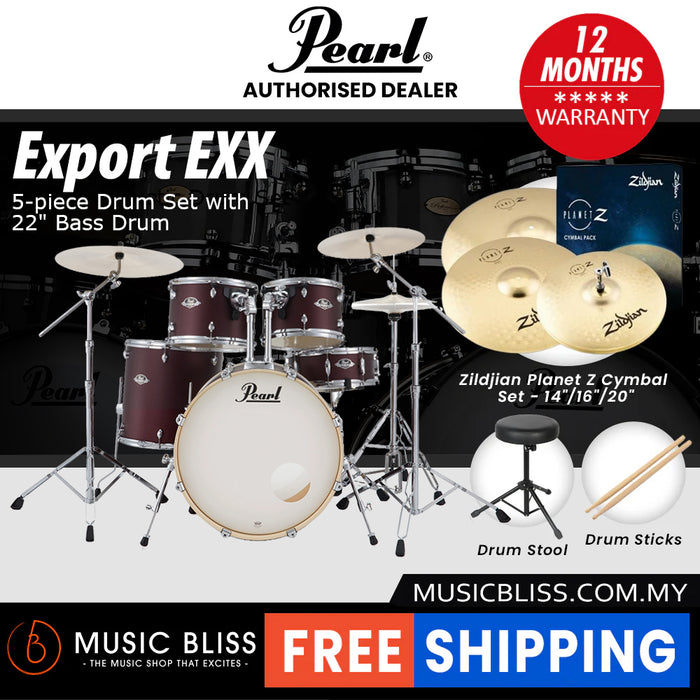 Pearl Export EXX 5-Piece Drum Set with Hardware, Drumstick and Throne - 22 Inch Bass Drum - Satin Scarlet