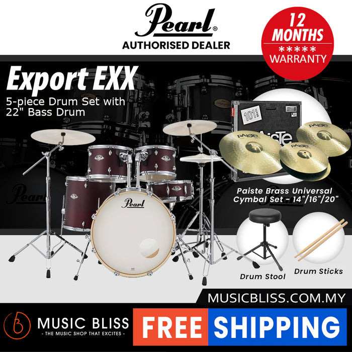 Pearl Export EXX 5-Piece Drum Set with Hardware, Drumstick and Throne - 22 Inch Bass Drum - Satin Scarlet