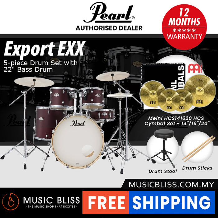 Pearl Export EXX 5-Piece Drum Set with Hardware, Drumstick and Throne - 22 Inch Bass Drum - Satin Scarlet