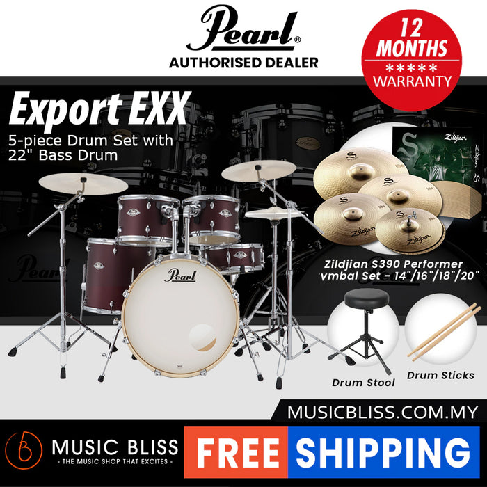 Pearl Export EXX 5-Piece Drum Set with Hardware, Drumstick and Throne - 22 Inch Bass Drum - Satin Scarlet