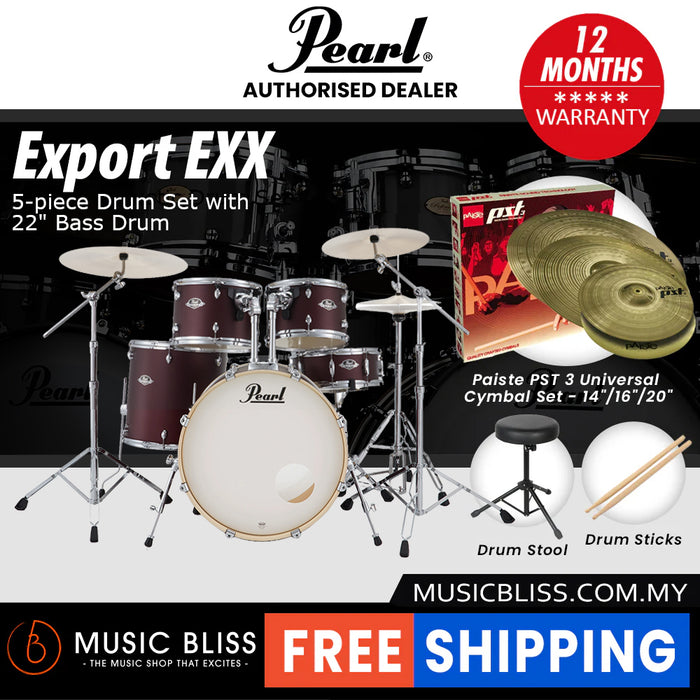 Pearl Export EXX 5-Piece Drum Set with Hardware, Drumstick and Throne - 22 Inch Bass Drum - Satin Scarlet