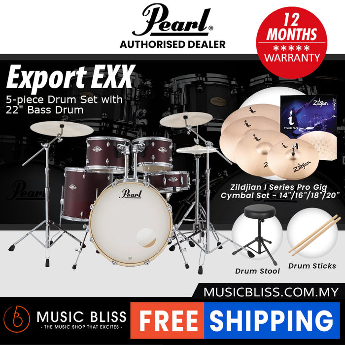 Pearl Export EXX 5-Piece Drum Set with Hardware, Drumstick and Throne - 22 Inch Bass Drum - Satin Scarlet