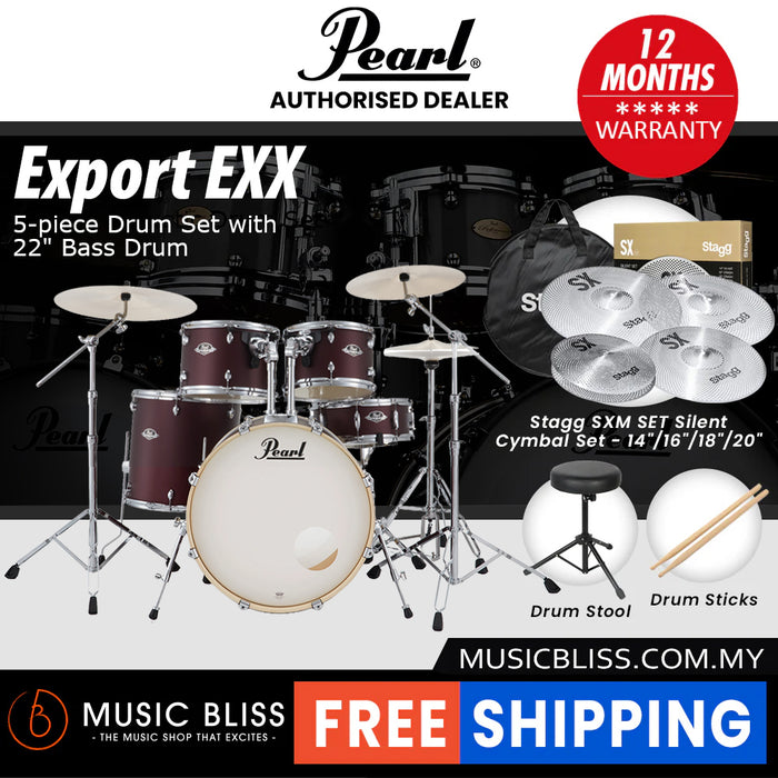 Pearl Export EXX 5-Piece Drum Set with Hardware, Drumstick and Throne - 22 Inch Bass Drum - Satin Scarlet