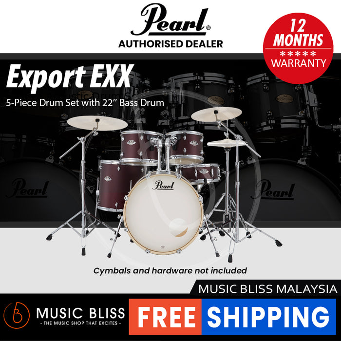 Pearl Export EXX 5-Piece Drum Set with Hardware, Drumstick and Throne - 22 Inch Bass Drum - Satin Scarlet