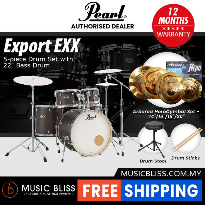 Pearl Export EXX 5-Piece Drum Set with Hardware, Drumstick and Throne - 22 Inch Bass Drum - Brushed Bronze