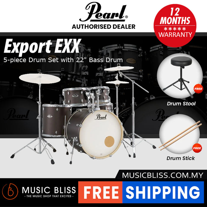 Pearl Export EXX 5-Piece Drum Set with Hardware, Drumstick and Throne - 22 Inch Bass Drum - Brushed Bronze