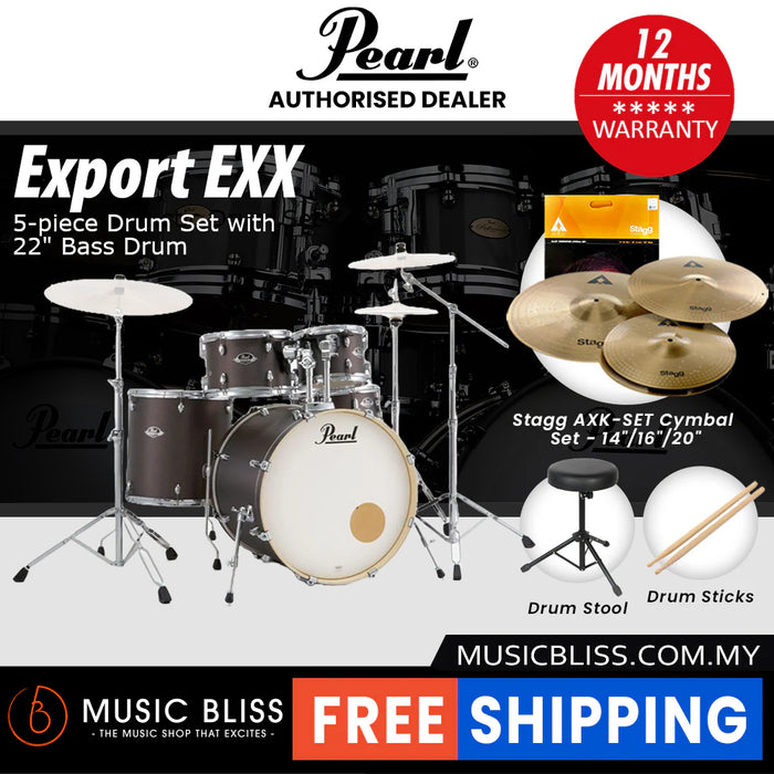 Pearl Export EXX 5-Piece Drum Set with Hardware, Drumstick and Throne - 22 Inch Bass Drum - Brushed Bronze