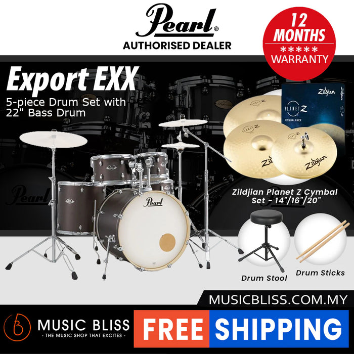 Pearl Export EXX 5-Piece Drum Set with Hardware, Drumstick and Throne - 22 Inch Bass Drum - Brushed Bronze