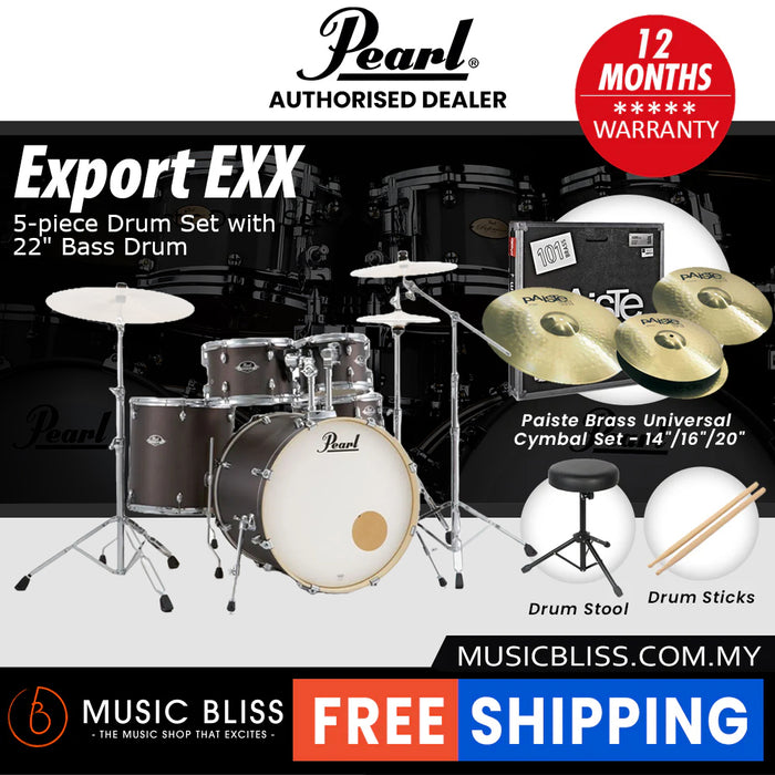 Pearl Export EXX 5-Piece Drum Set with Hardware, Drumstick and Throne - 22 Inch Bass Drum - Brushed Bronze