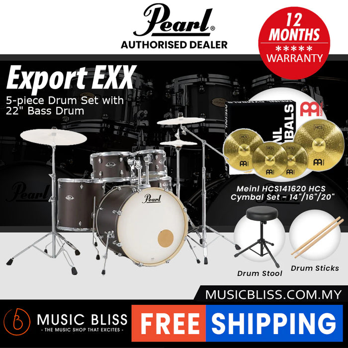 Pearl Export EXX 5-Piece Drum Set with Hardware, Drumstick and Throne - 22 Inch Bass Drum - Brushed Bronze