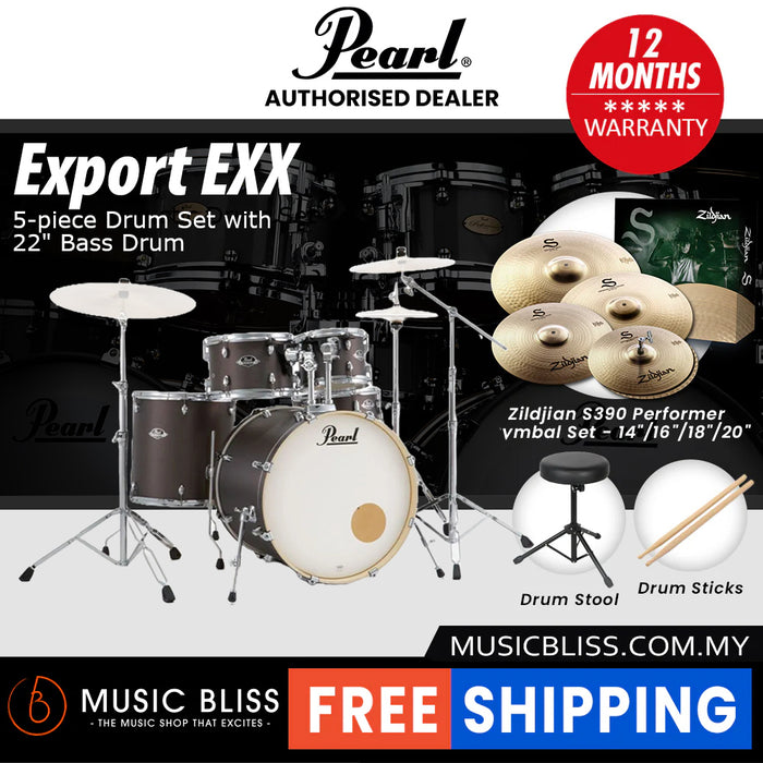 Pearl Export EXX 5-Piece Drum Set with Hardware, Drumstick and Throne - 22 Inch Bass Drum - Brushed Bronze