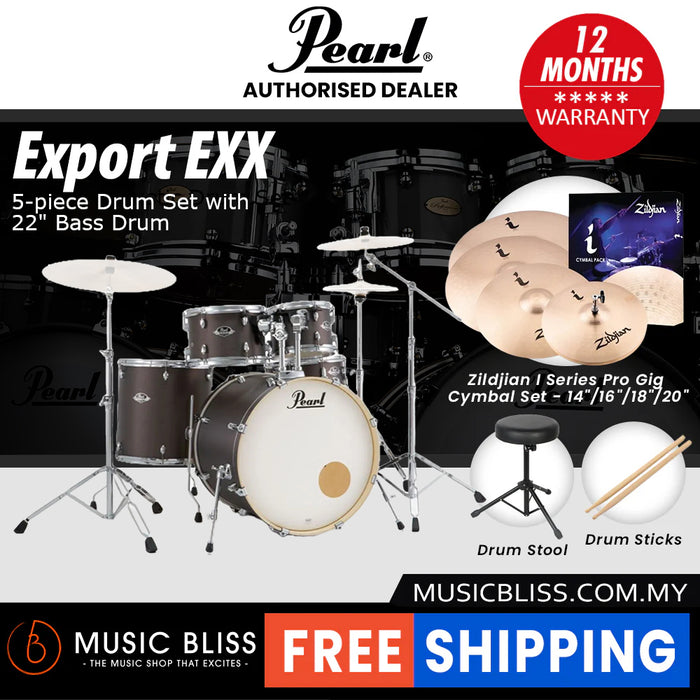 Pearl Export EXX 5-Piece Drum Set with Hardware, Drumstick and Throne - 22 Inch Bass Drum - Brushed Bronze