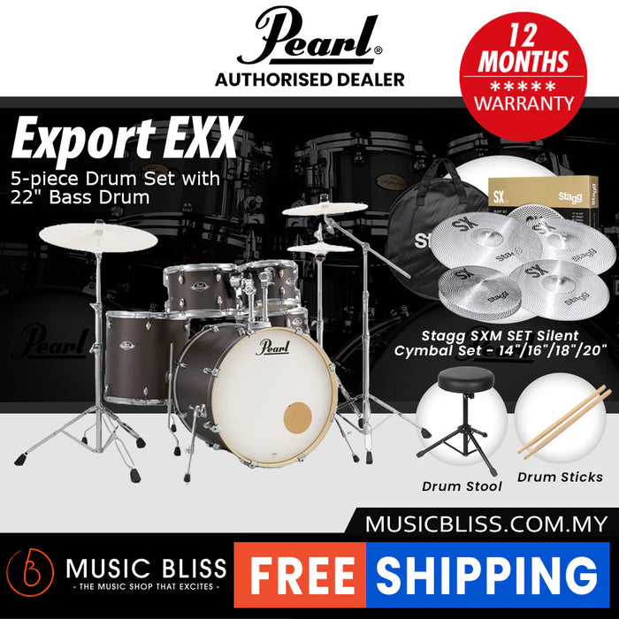 Pearl Export EXX 5-Piece Drum Set with Hardware, Drumstick and Throne - 22 Inch Bass Drum - Brushed Bronze