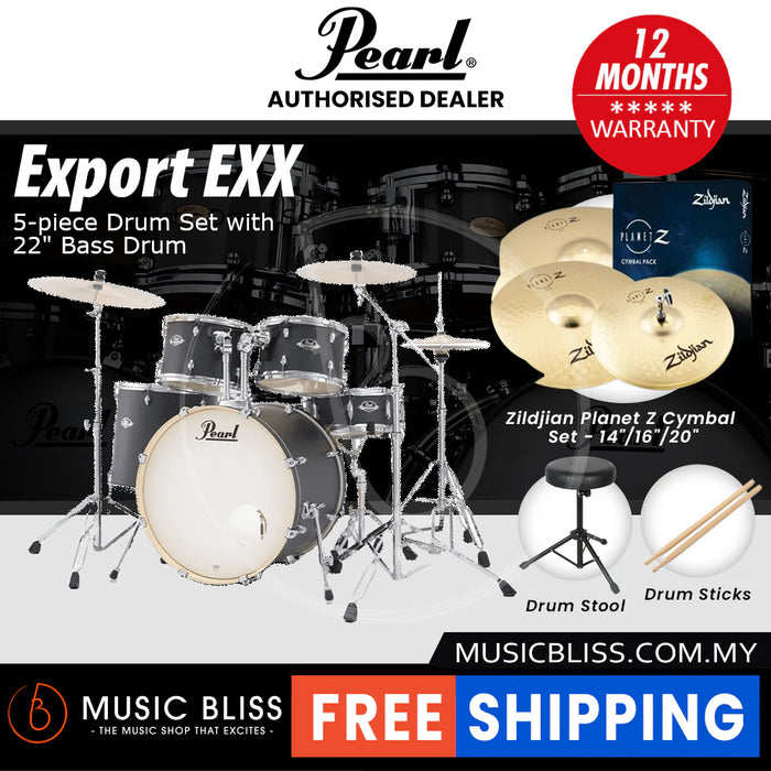 Pearl Export EXX 5-Piece Drum Set with Hardware, Drumstick and Throne - 22 Inch Bass Drum - Graphite Slate