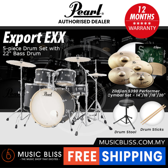 Pearl Export EXX 5-Piece Drum Set with Hardware, Drumstick and Throne - 22 Inch Bass Drum - Graphite Slate