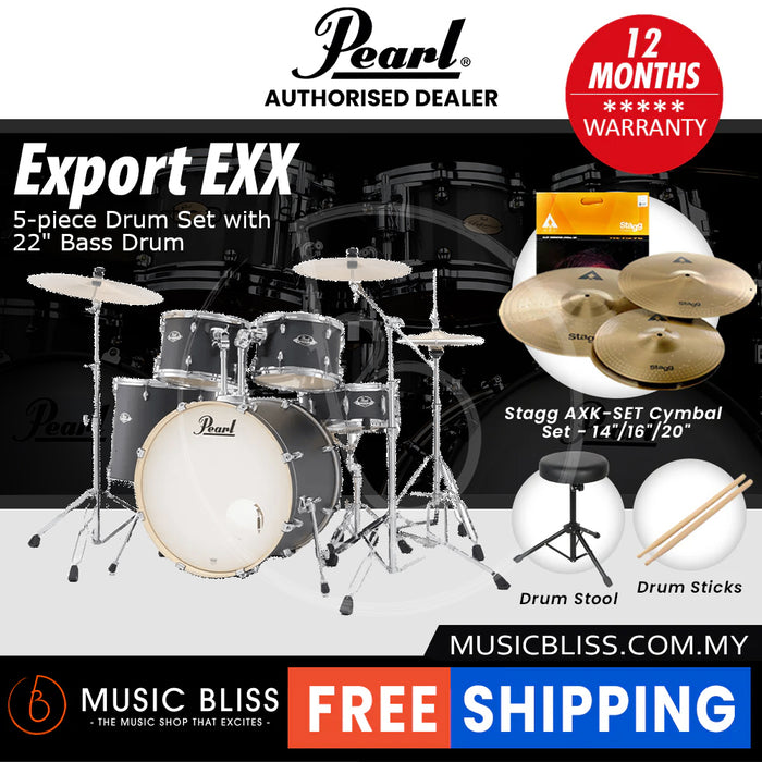 Pearl Export EXX 5-Piece Drum Set with Hardware, Drumstick and Throne - 22 Inch Bass Drum - Graphite Slate