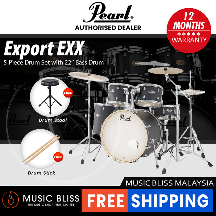 Pearl Export EXX 5-Piece Drum Set with Hardware, Drumstick and Throne - 22 Inch Bass Drum - Graphite Slate