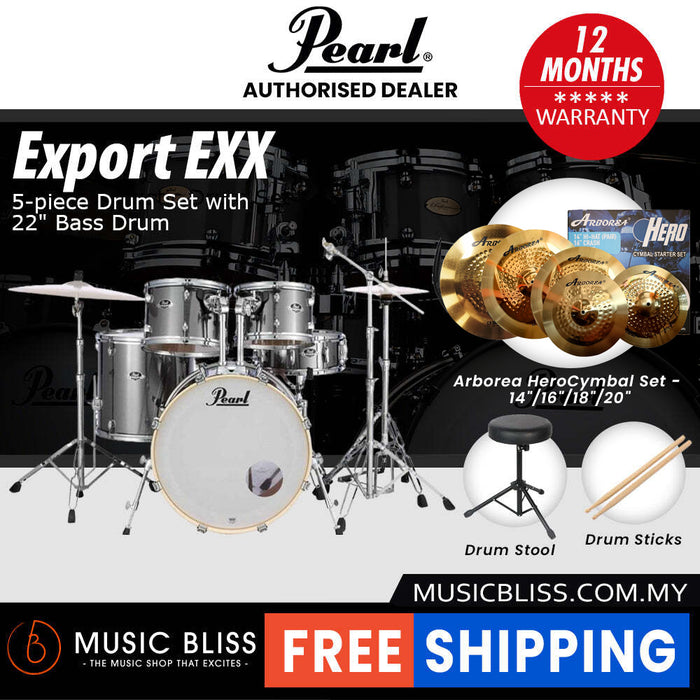 Pearl Export EXX 5-Piece Drum Set with Hardware, Drumstick and Throne - 22 Inch Bass Drum - Smokey Chrome