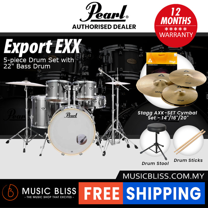 Pearl Export EXX 5-Piece Drum Set with Hardware, Drumstick and Throne - 22 Inch Bass Drum - Smokey Chrome