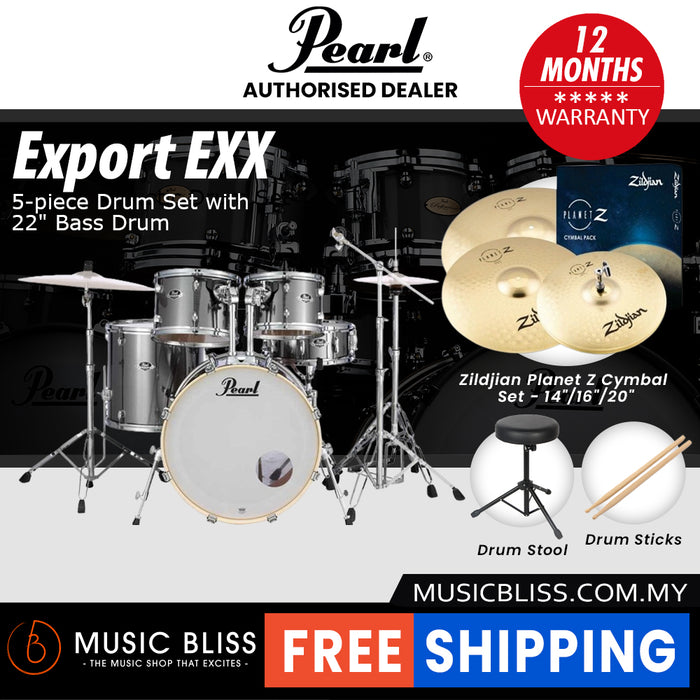 Pearl Export EXX 5-Piece Drum Set with Hardware, Drumstick and Throne - 22 Inch Bass Drum - Smokey Chrome