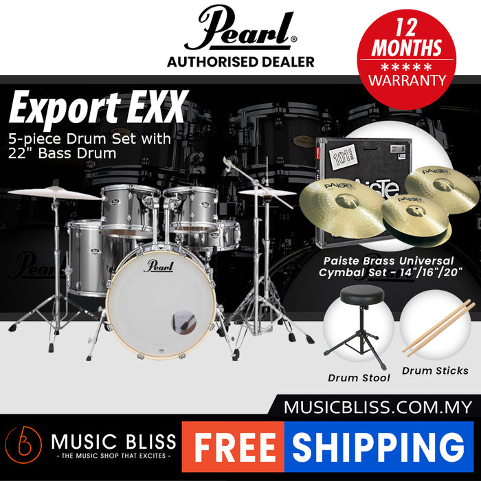 Pearl Export EXX 5-Piece Drum Set with Hardware, Drumstick and Throne - 22 Inch Bass Drum - Smokey Chrome