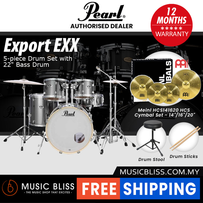Pearl Export EXX 5-Piece Drum Set with Hardware, Drumstick and Throne - 22 Inch Bass Drum - Smokey Chrome