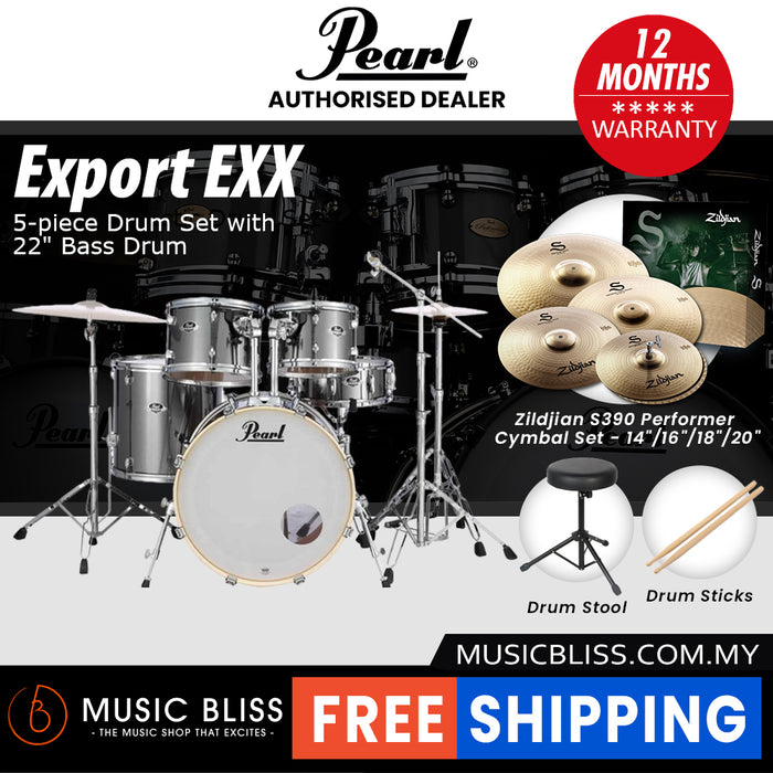 Pearl Export EXX 5-Piece Drum Set with Hardware, Drumstick and Throne - 22 Inch Bass Drum - Smokey Chrome
