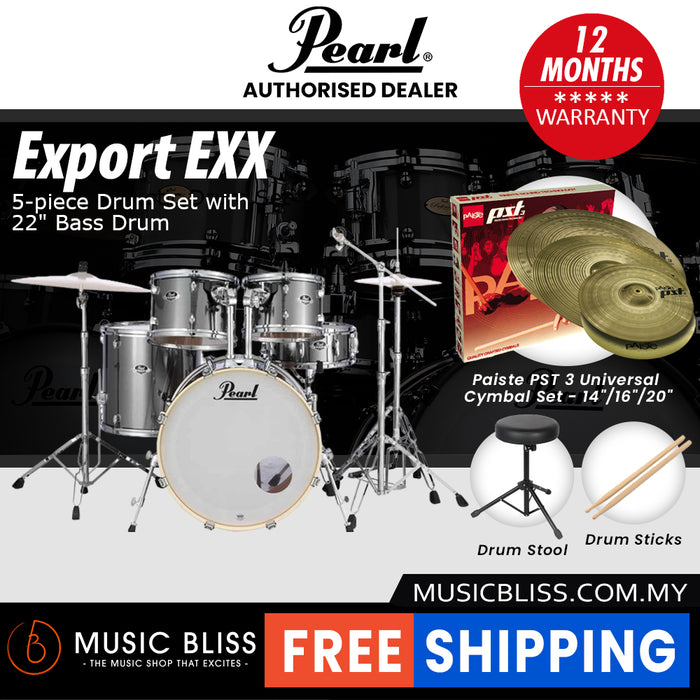 Pearl Export EXX 5-Piece Drum Set with Hardware, Drumstick and Throne - 22 Inch Bass Drum - Smokey Chrome