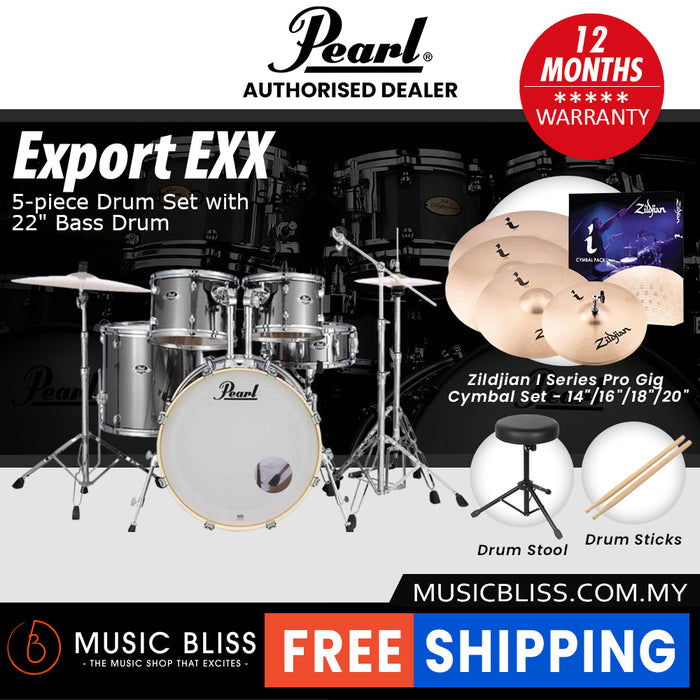 Pearl Export EXX 5-Piece Drum Set with Hardware, Drumstick and Throne - 22 Inch Bass Drum - Smokey Chrome