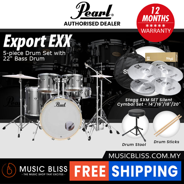 Pearl Export EXX 5-Piece Drum Set with Hardware, Drumstick and Throne - 22 Inch Bass Drum - Smokey Chrome