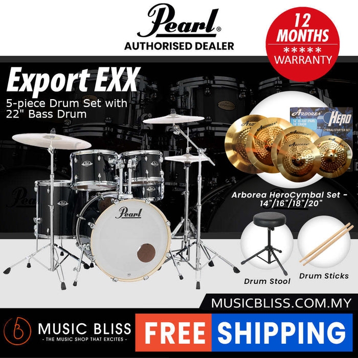 Pearl Export EXX 5-Piece Drum Set with Hardware, Drumstick and Throne - 22 Inch Bass Drum - Jet Black