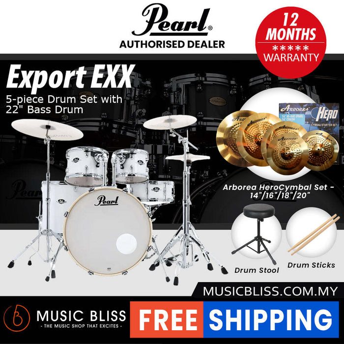 Pearl Export EXX 5-Piece Drum Set with Hardware, Drumstick and Throne - 22 Inch Bass Drum - Pure White