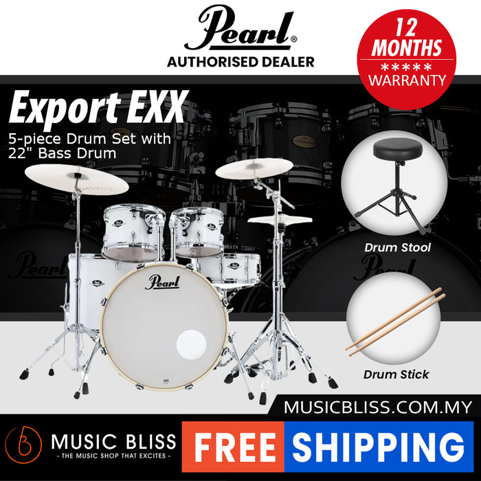 Pearl Export EXX 5-Piece Drum Set with Hardware, Drumstick and Throne - 22 Inch Bass Drum - Pure White