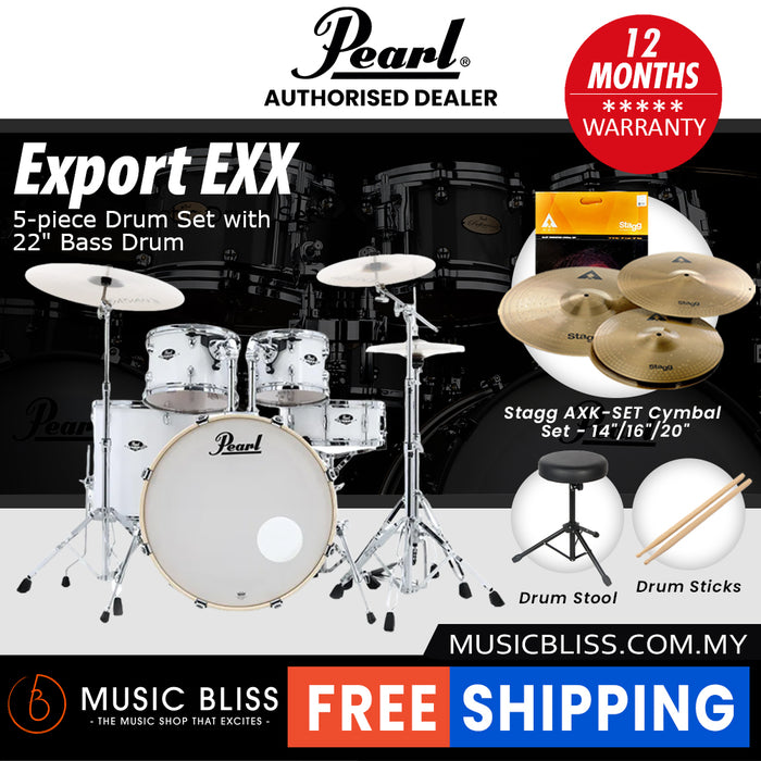 Pearl Export EXX 5-Piece Drum Set with Hardware, Drumstick and Throne - 22 Inch Bass Drum - Pure White