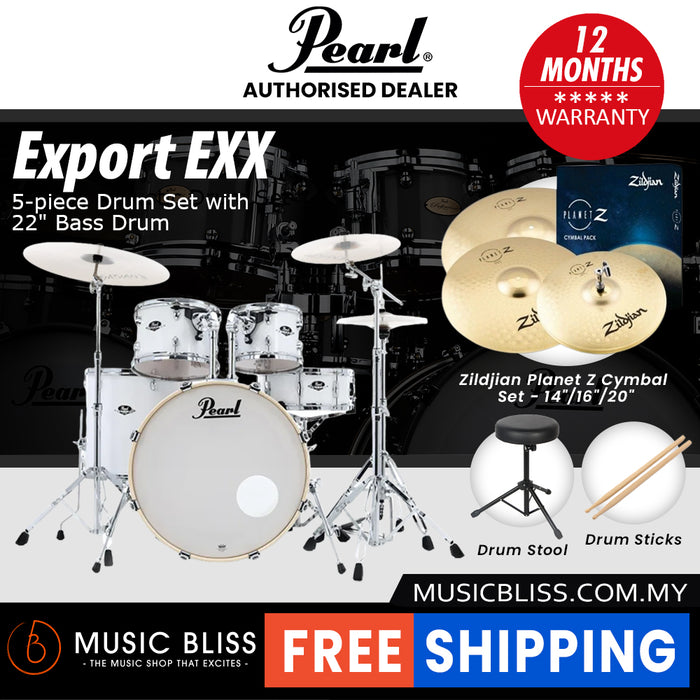 Pearl Export EXX 5-Piece Drum Set with Hardware, Drumstick and Throne - 22 Inch Bass Drum - Pure White