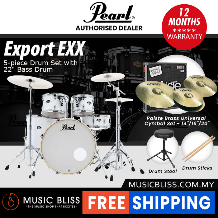 Pearl Export EXX 5-Piece Drum Set with Hardware, Drumstick and Throne - 22 Inch Bass Drum - Pure White