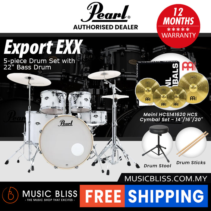 Pearl Export EXX 5-Piece Drum Set with Hardware, Drumstick and Throne - 22 Inch Bass Drum - Pure White