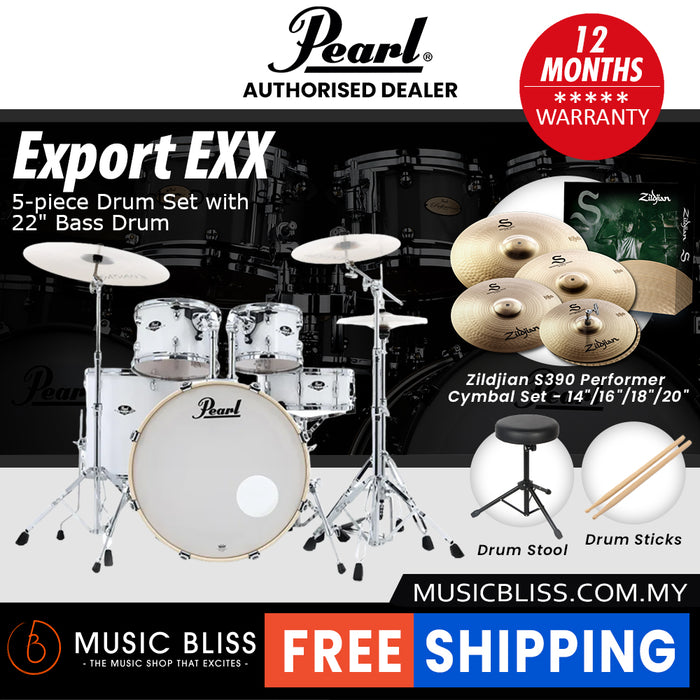 Pearl Export EXX 5-Piece Drum Set with Hardware, Drumstick and Throne - 22 Inch Bass Drum - Pure White