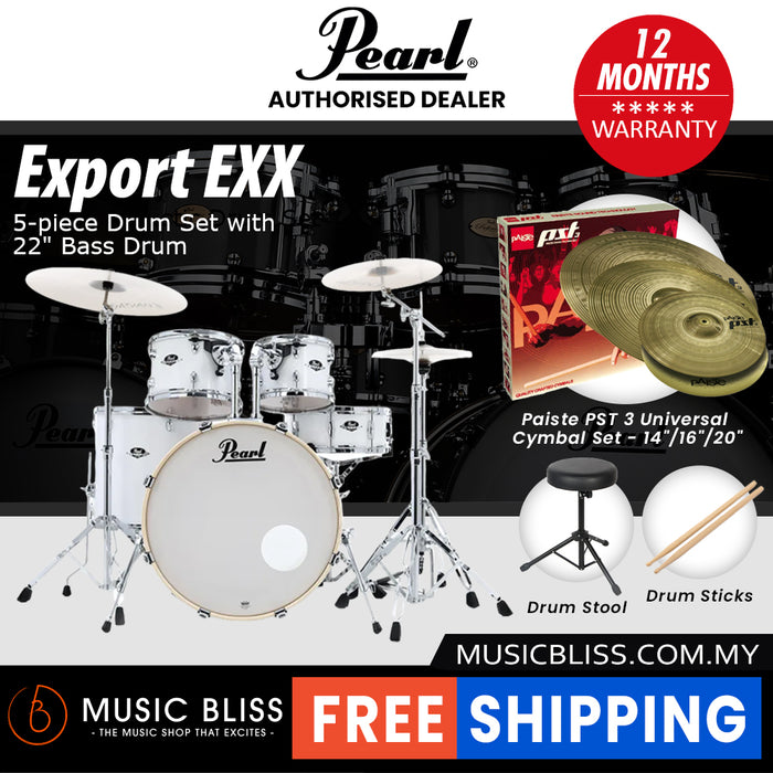 Pearl Export EXX 5-Piece Drum Set with Hardware, Drumstick and Throne - 22 Inch Bass Drum - Pure White