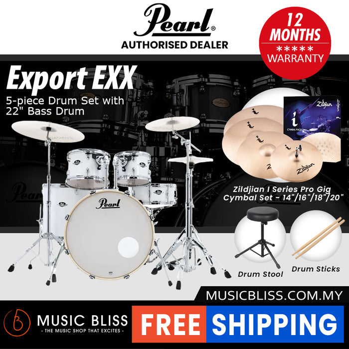 Pearl Export EXX 5-Piece Drum Set with Hardware, Drumstick and Throne - 22 Inch Bass Drum - Pure White