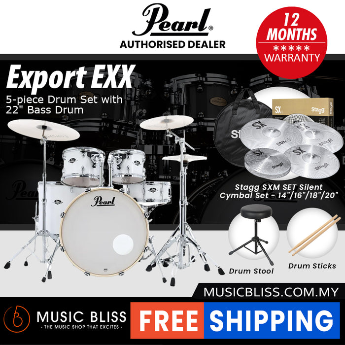 Pearl Export EXX 5-Piece Drum Set with Hardware, Drumstick and Throne - 22 Inch Bass Drum - Pure White