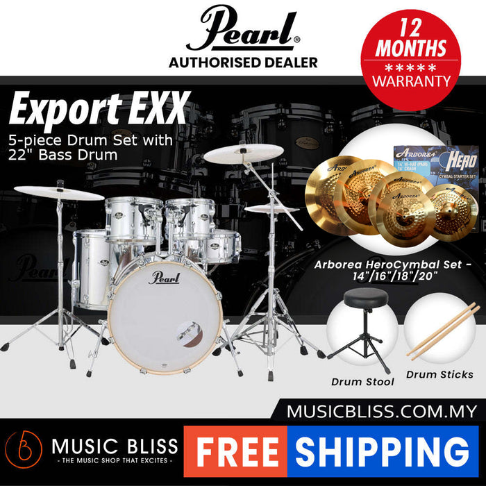 Pearl Export EXX 5-Piece Drum Set with Hardware, Drumstick and Throne - 22 Inch Bass Drum - Mirror Chrome