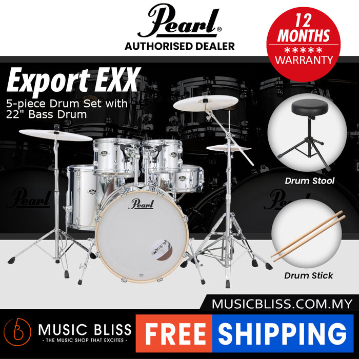 Pearl Export EXX 5-Piece Drum Set with Hardware, Drumstick and Throne - 22 Inch Bass Drum - Mirror Chrome