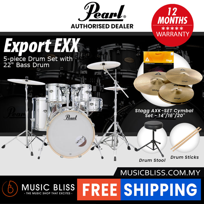 Pearl Export EXX 5-Piece Drum Set with Hardware, Drumstick and Throne - 22 Inch Bass Drum - Mirror Chrome